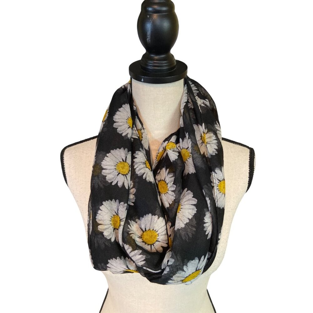 Womens  Infinity Scarf Daisy Print Black Lightweight Accessory Summer Boho